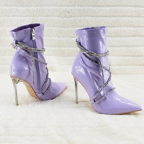 Lilac Purple Stretch Patent High Heel Ankle Boots with Rhinestone Straps - Picture 8 of 14